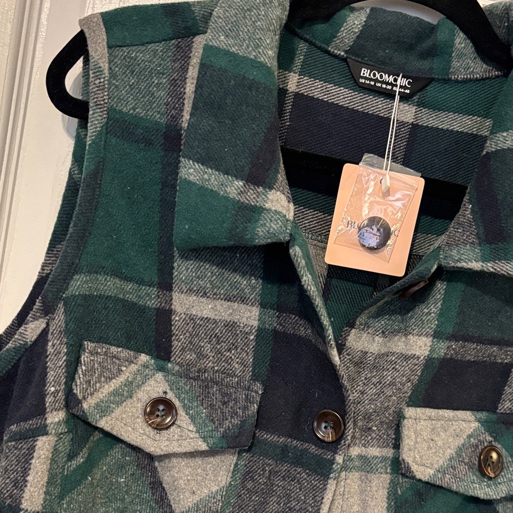 Bloomchic Green/Navy/Gray Plaid Flannel Vest Jacket - Picture 2 of 9